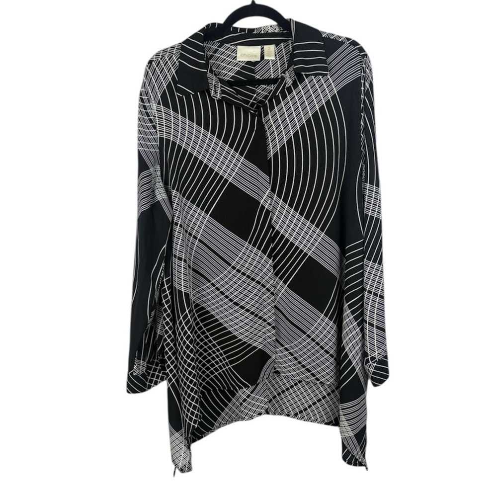 Chico's Black Button Up Asymmetrical Rosalind Graphic Grid Shirt Size 2 Blouse